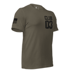 Army green "CLUB 03" t-shirt angled toward the left, featuring an American flag on the sleeve.