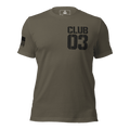 Army green "CLUB 03" t-shirt in a distressed stencil font, with American flag on the sleeve.