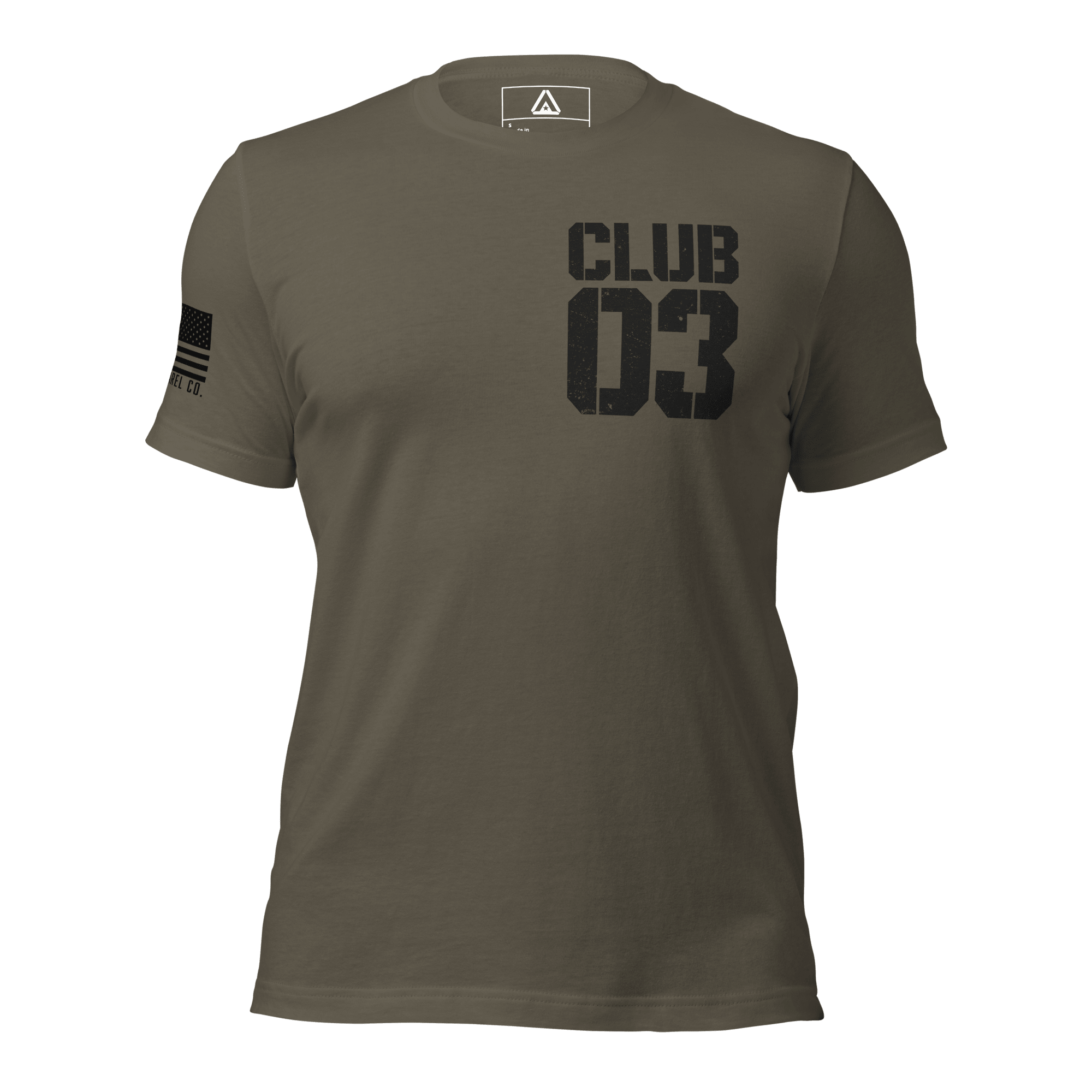 Army green "CLUB 03" t-shirt in a distressed stencil font, with American flag on the sleeve.