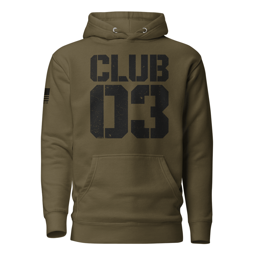 Military green "CLUB 03" hoodie in a distressed stencil font, with an American flag on the sleeve.