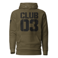 Military green "CLUB 03" hoodie in a distressed stencil font, with an American flag on the sleeve.