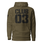 Military green "CLUB 03" hoodie in a distressed stencil font, with an American flag on the sleeve.