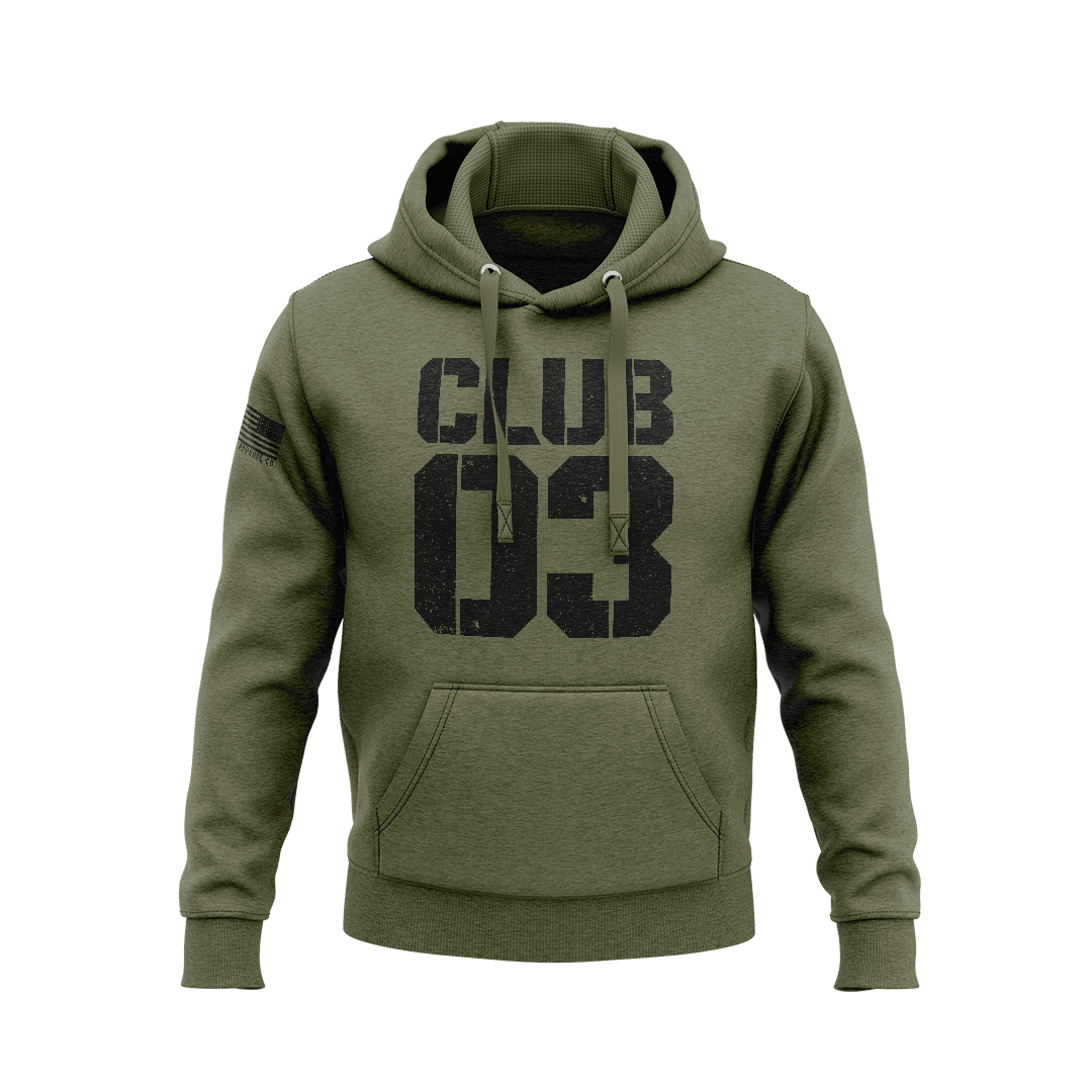 Olive green hoodie featuring black "CLUB 03" stencil font on the chest with a right sleeve American flag patch.   