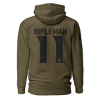 Army green "Rifleman 11" hoodie shown from the back, featuring an American flag on the right sleeve.