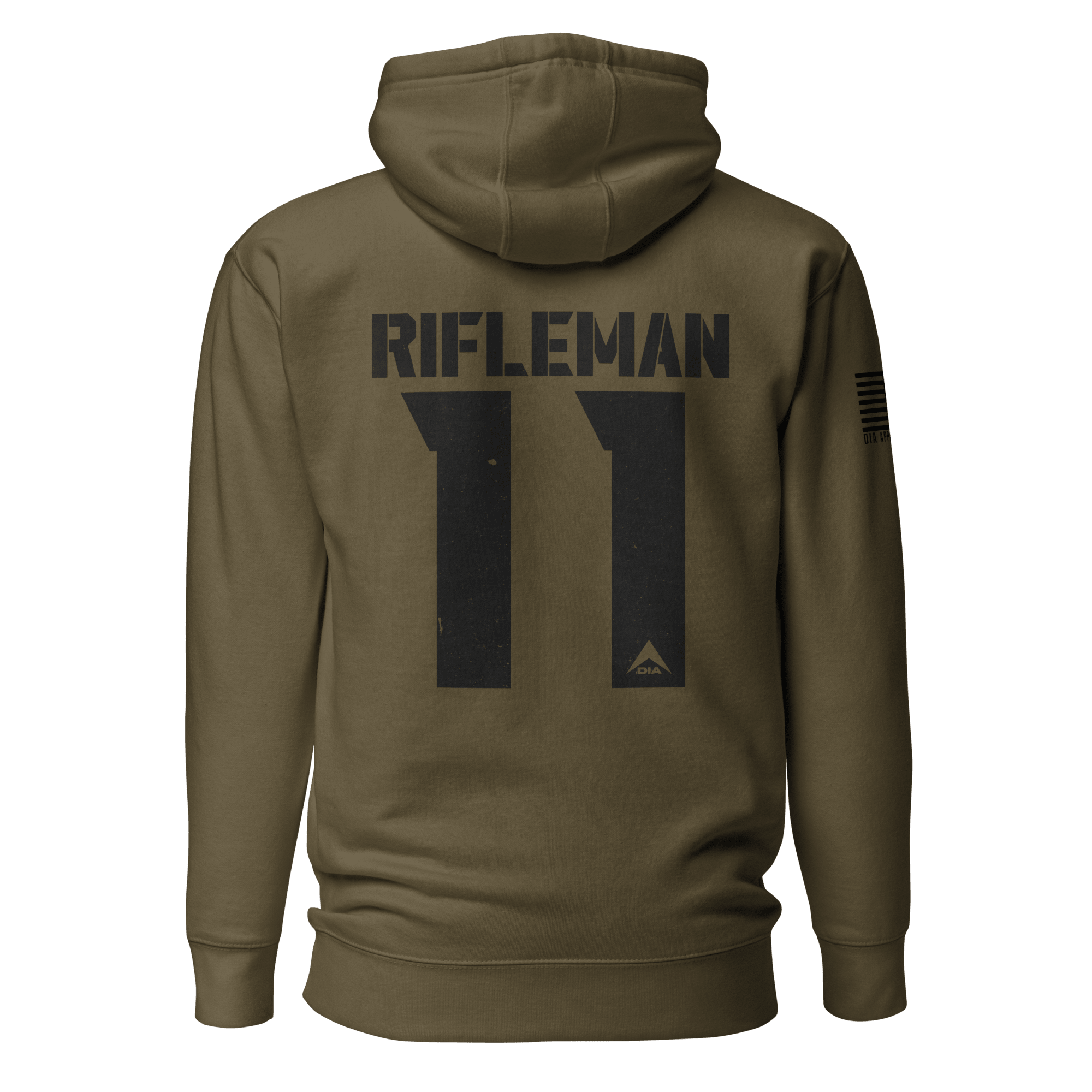 Army green "Rifleman 11" hoodie shown from the back, featuring an American flag on the right sleeve.
