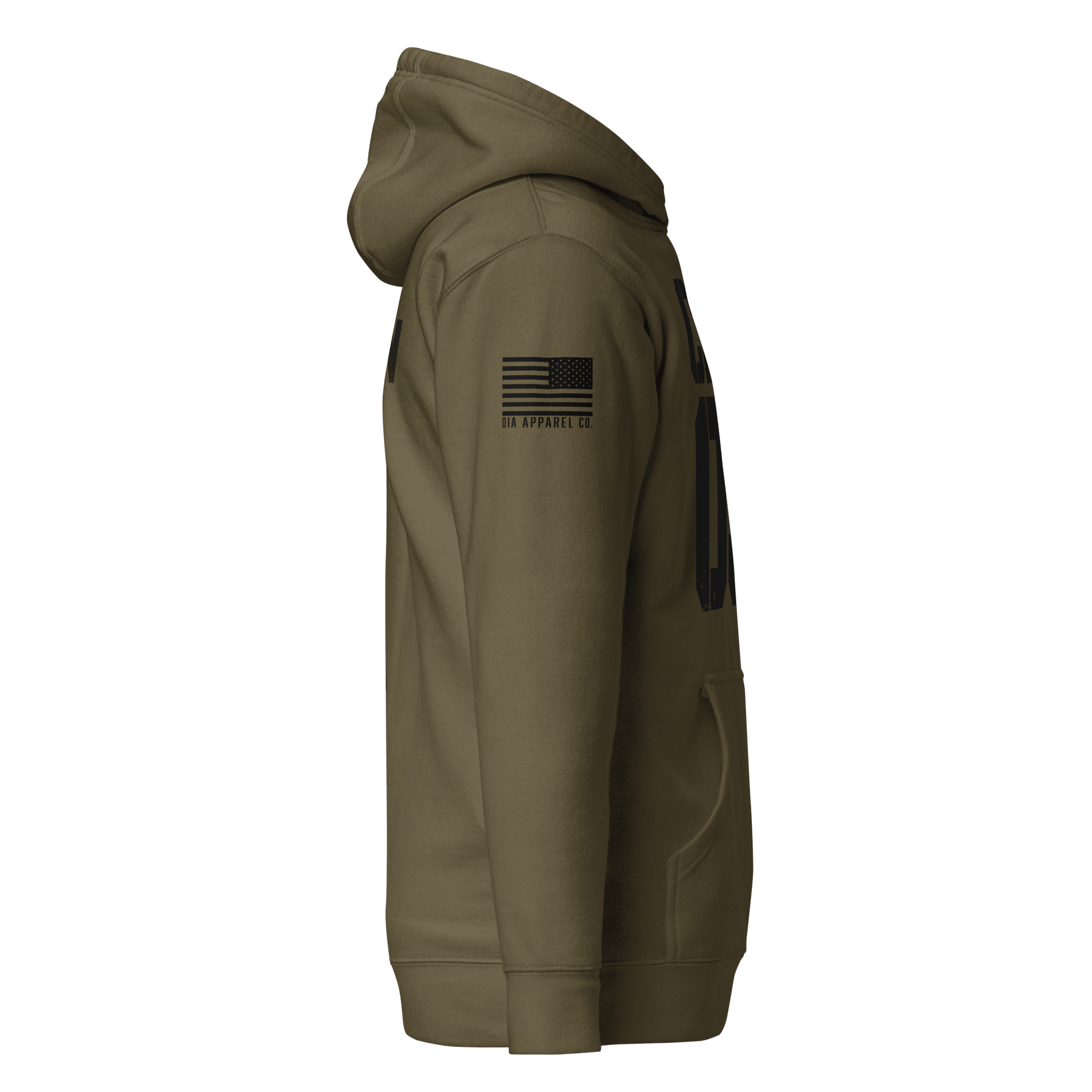 Military green hoodie shown from a side view, featuring a black American flag on the right sleeve.