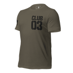 Army green "CLUB 03" t-shirt shown from a three-quarter view angled toward the right.