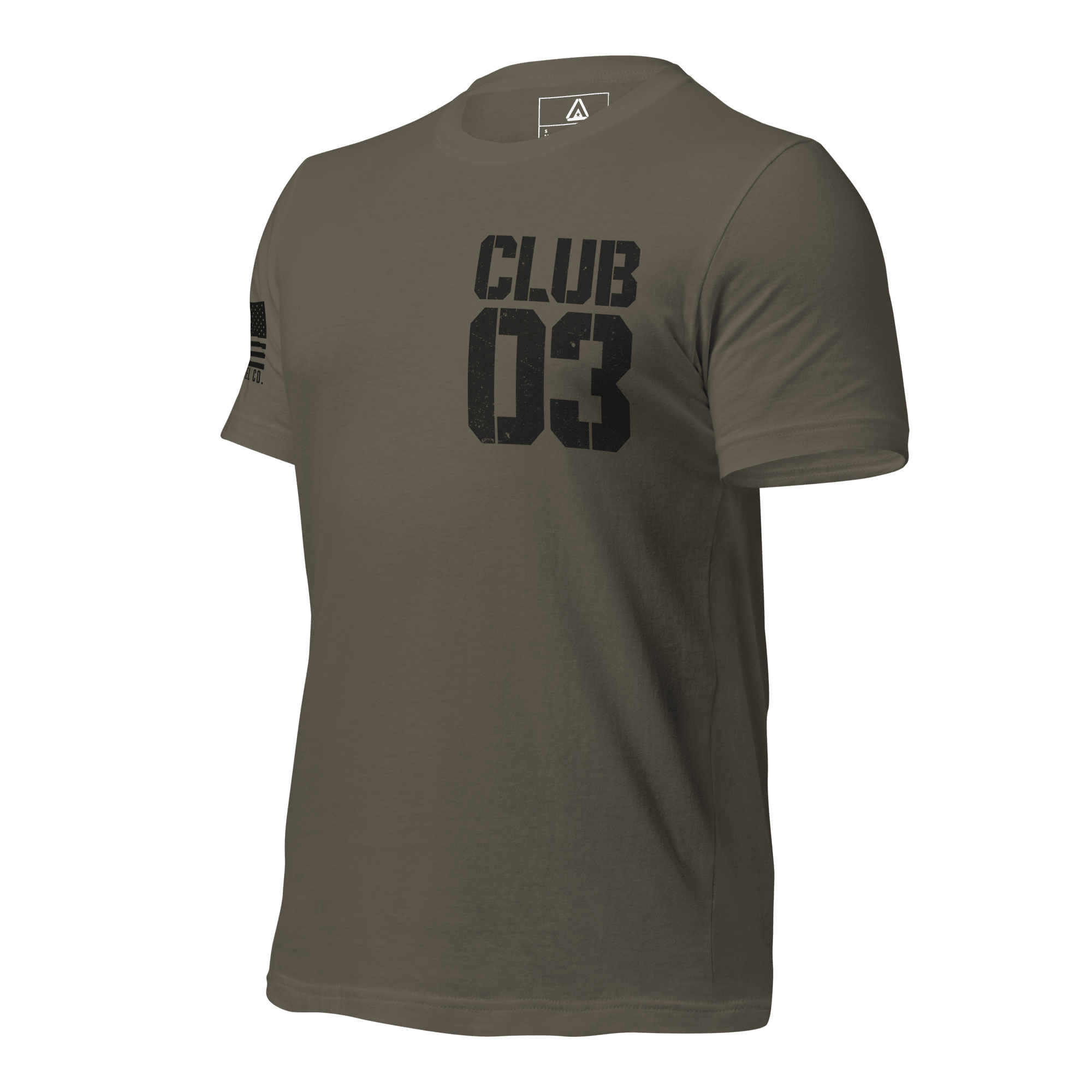 Army green "CLUB 03" t-shirt shown from a three-quarter view angled toward the right.