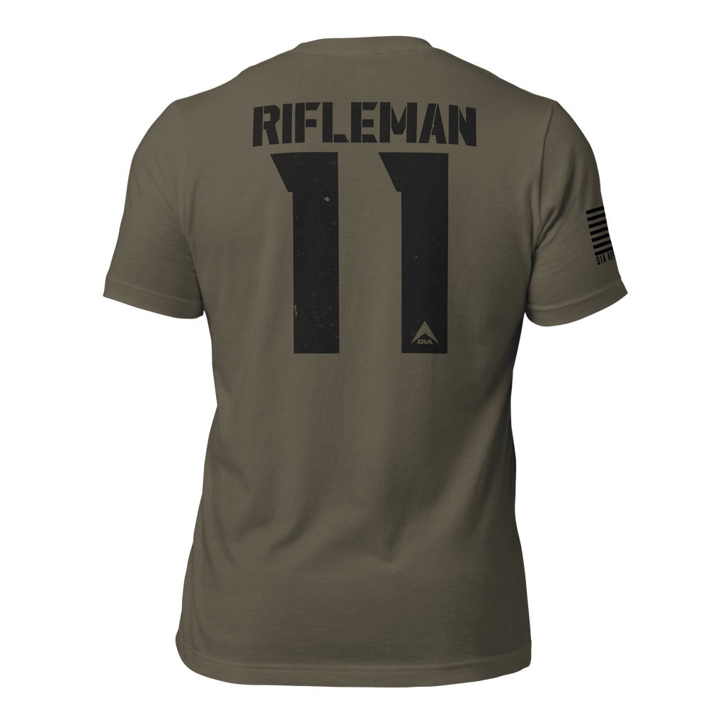 Army green "Rifleman 11" t-shirt shown from the back, featuring American flag on the sleeve.