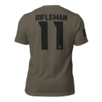 Army green "Rifleman 11" t-shirt shown from the back, featuring American flag on the sleeve.