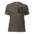 Army green "CLUB 03" t-shirt in a distressed stencil font.