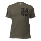 Army green "CLUB 03" t-shirt in a distressed stencil font.