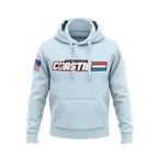 Sky blue hoodie, front view, featuring a white "COASTIE" graphic and an American flag on the right sleeve.