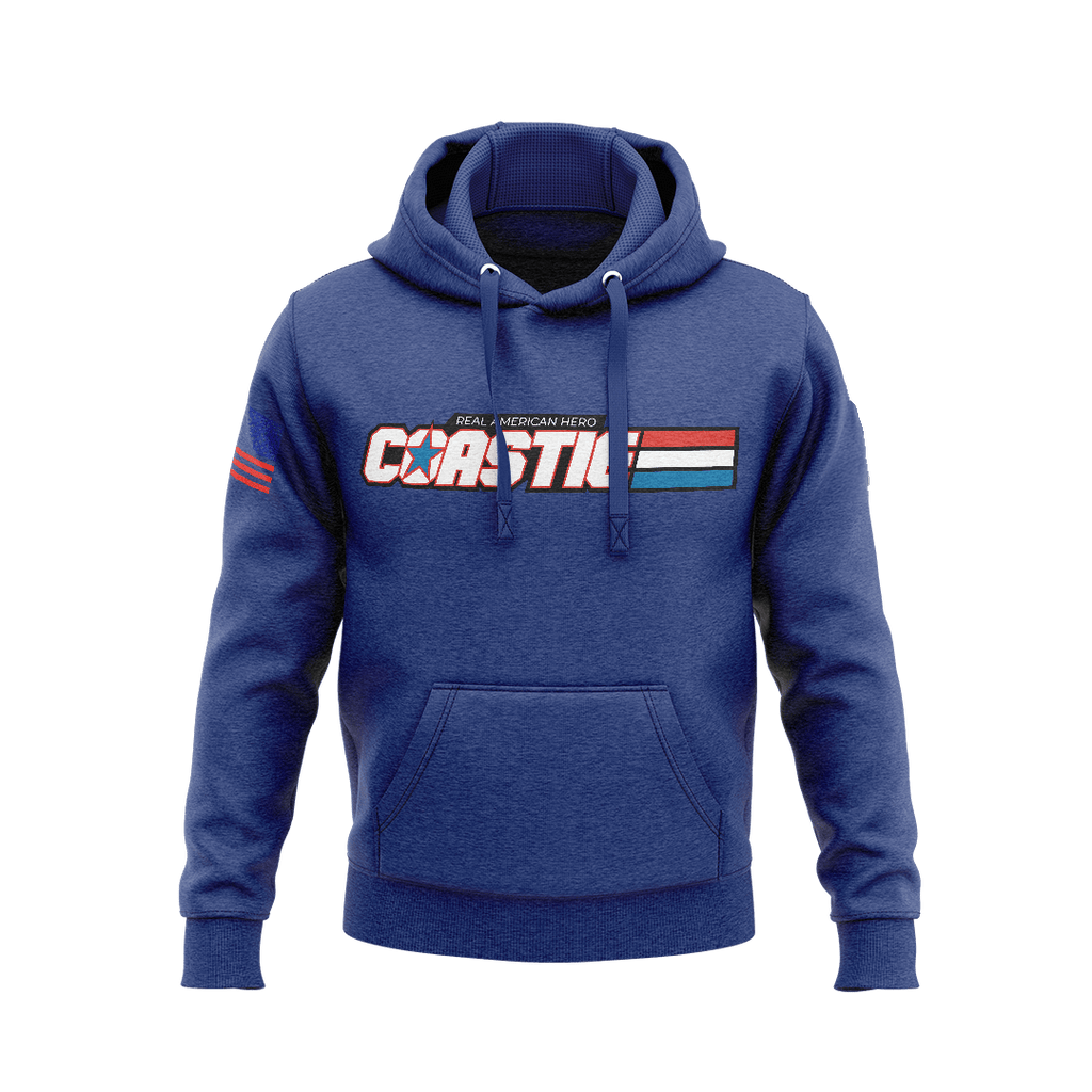 Team royal hoodie, front view, featuring a white "COASTIE" graphic and a red and blue flag design on the right sleeve.