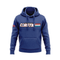 Team royal hoodie, front view, featuring a white "COASTIE" graphic and a red and blue flag design on the right sleeve.