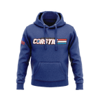 Team royal hoodie, front view, featuring a white "COASTIE" graphic and a red and blue flag design on the right sleeve.