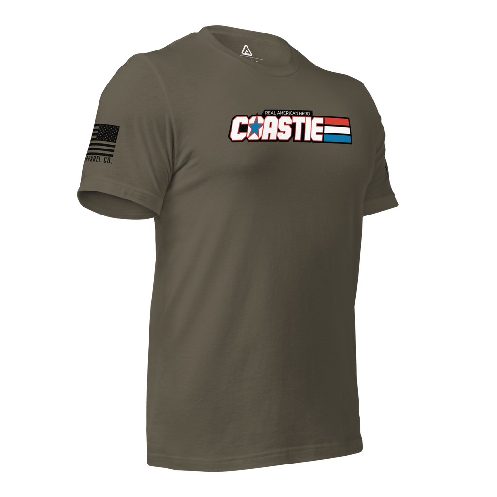 Army green t-shirt, angled right, featuring a white Coastie chest graphic and black American flag.