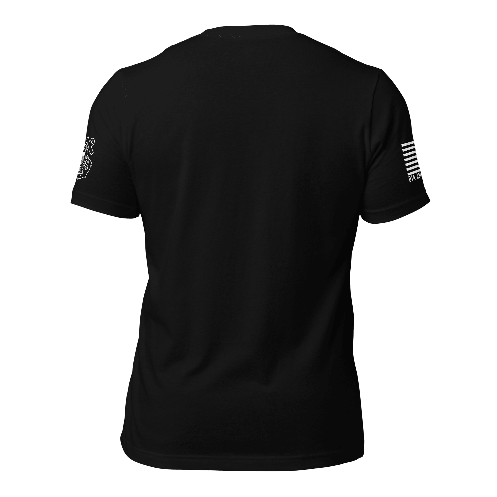Black t-shirt, rear view, featuring a white Coast Guard emblem, DIA logo, and white American flag.