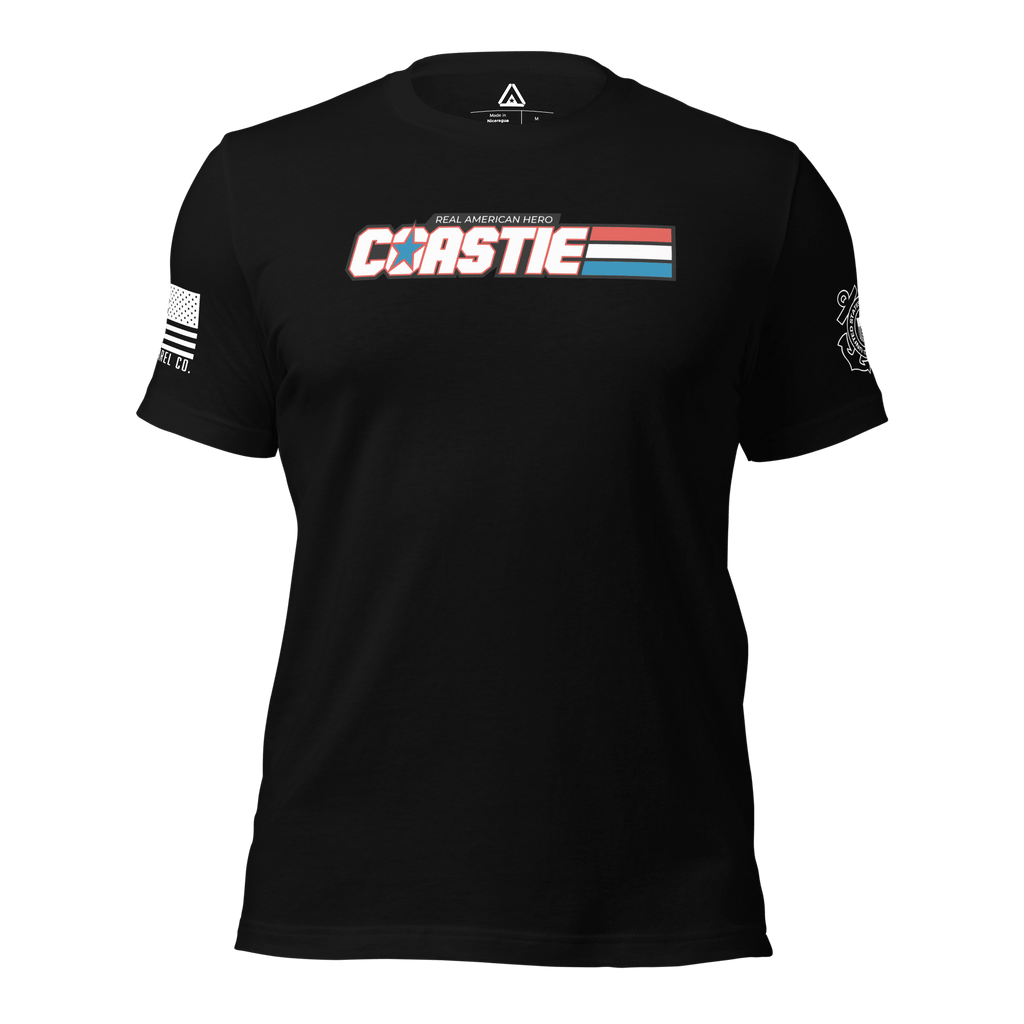 Black t-shirt, front view, featuring a white Coastie chest graphic, Coast Guard emblem, and DIA logo.