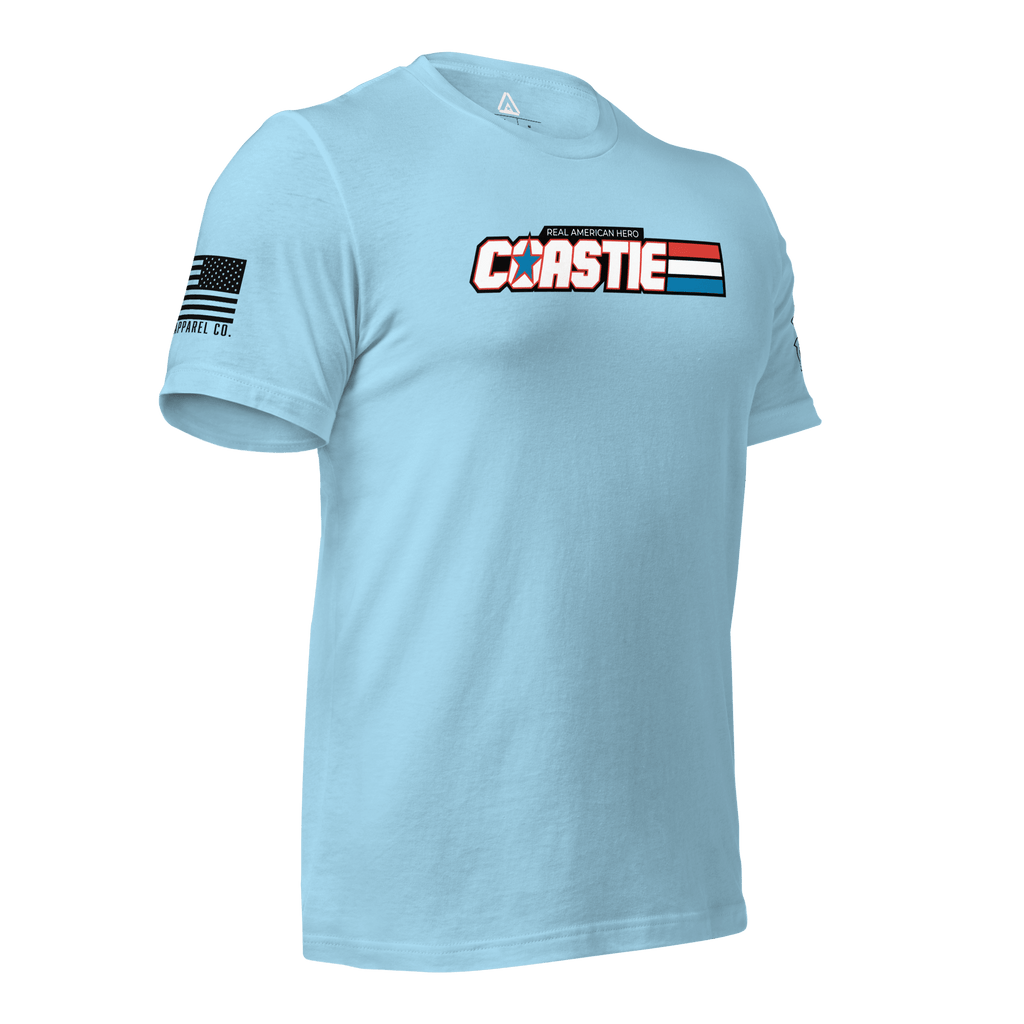 Light blue t-shirt, angled left, featuring a white Coastie chest graphic and black American flag.