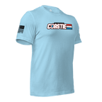 Light blue t-shirt, angled left, featuring a white Coastie chest graphic and black American flag.