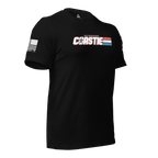 Black t-shirt, angled left, featuring a white Coastie chest graphic and white American flag.