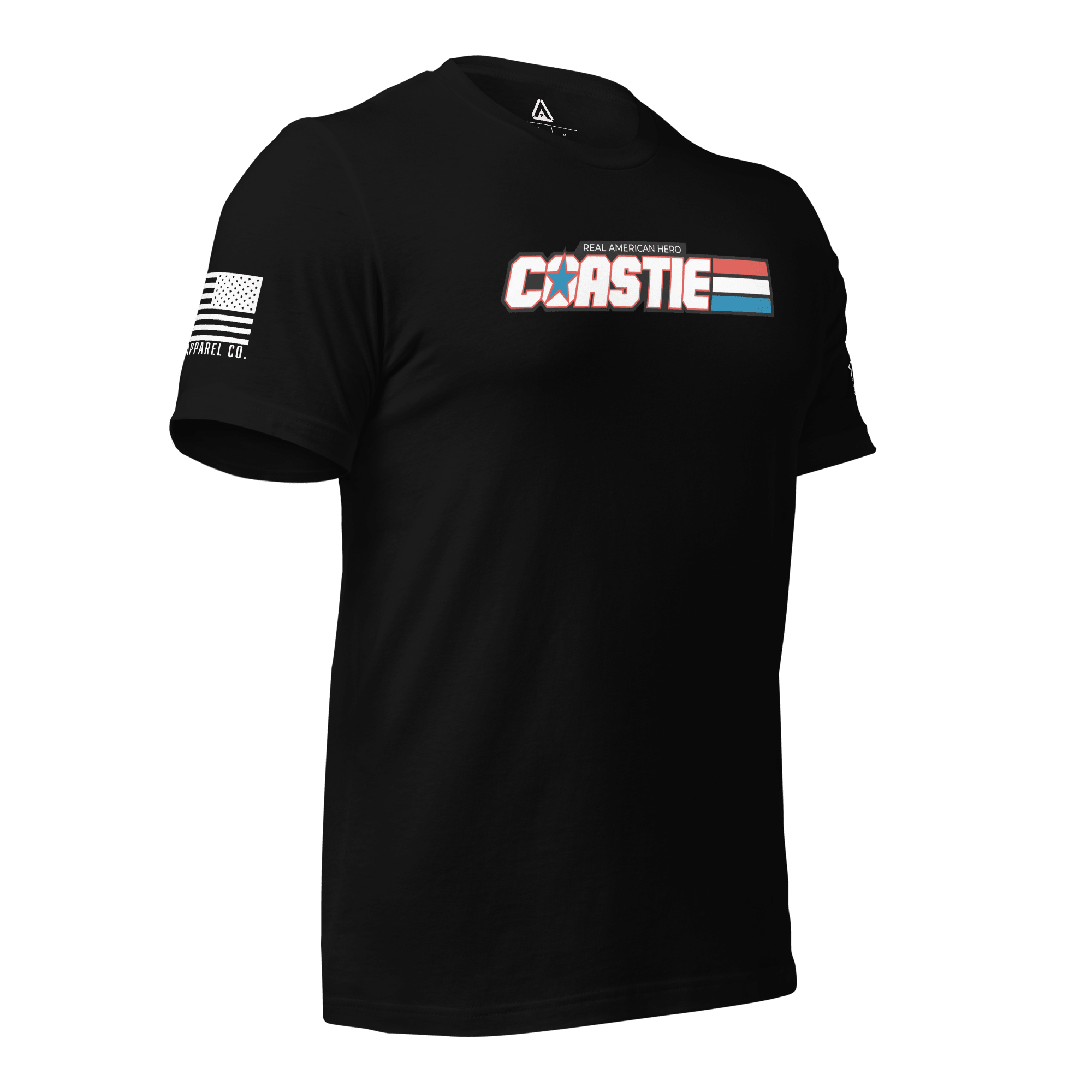 Black t-shirt, angled left, featuring a white Coastie chest graphic and white American flag.