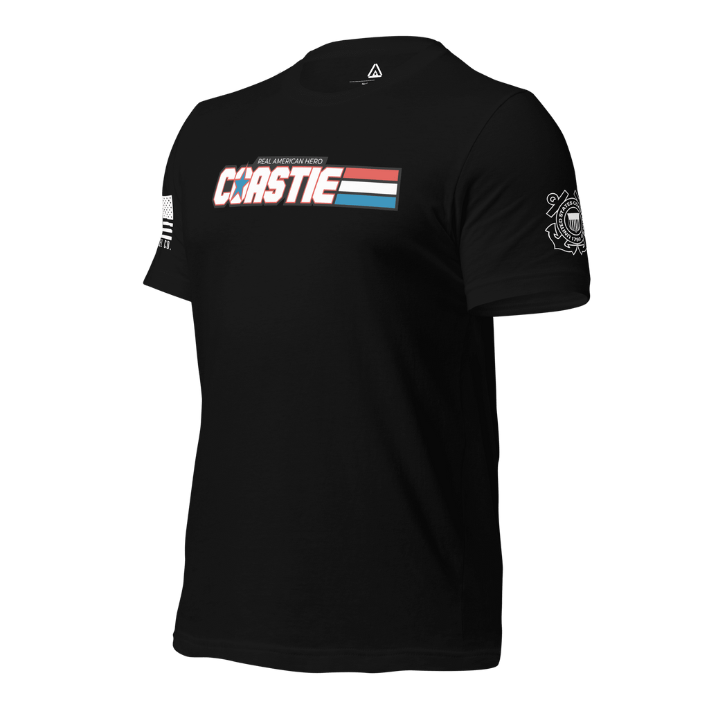 Black t-shirt, angled right, featuring a white Coastie chest graphic and Coast Guard emblem.