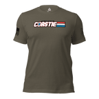 Army green t-shirt, front view, featuring a white Coastie chest graphic, Coast Guard emblem, and American flag.
