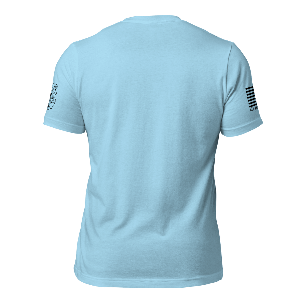 Light blue t-shirt, rear view, featuring a black Coast Guard emblem, DIA logo, and black American flag.