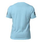 Light blue t-shirt, rear view, featuring a black Coast Guard emblem, DIA logo, and black American flag.