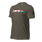 Army green t-shirt, angled right, featuring a white Coastie chest graphic and Coast Guard emblem.