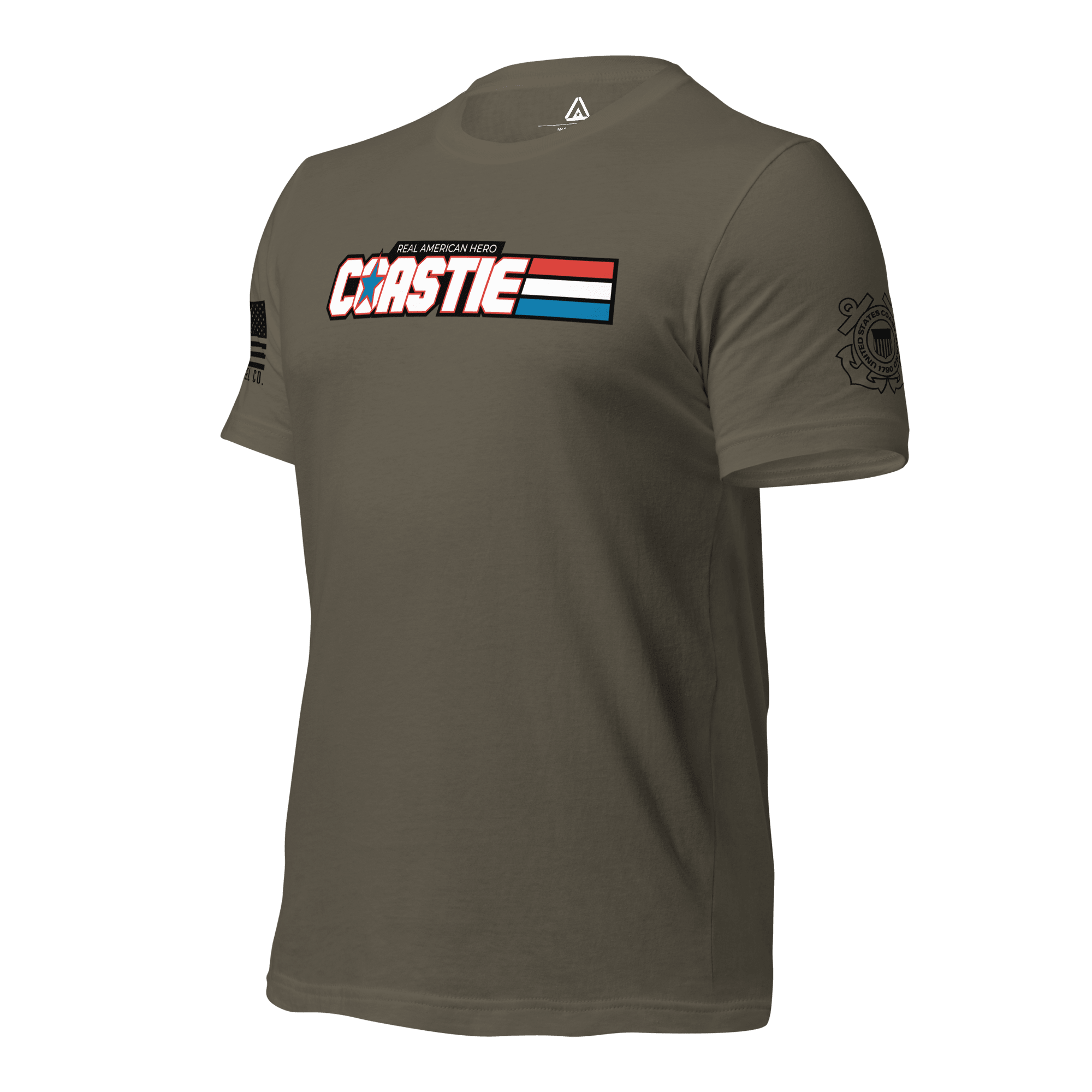 Army green t-shirt, angled right, featuring a white Coastie chest graphic and Coast Guard emblem.