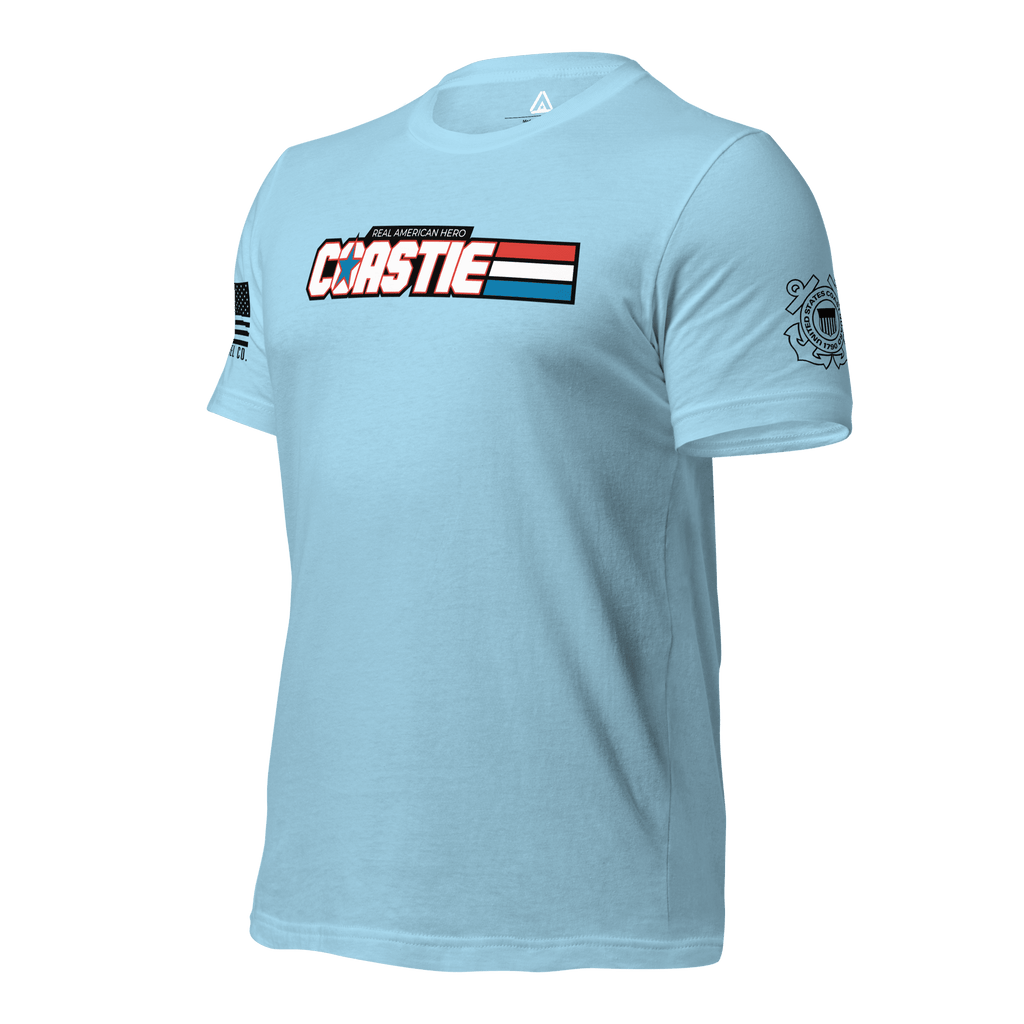Light blue t-shirt, angled right, featuring a white Coastie chest graphic, and Coast Guard emblem
