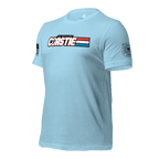 Light blue t-shirt, angled right, featuring a white Coastie chest graphic, and Coast Guard emblem