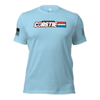 Light blue t-shirt featuring a "COASTIE REAL AMERICAN HERO" chest graphic, an American flag, and a DIA logo.