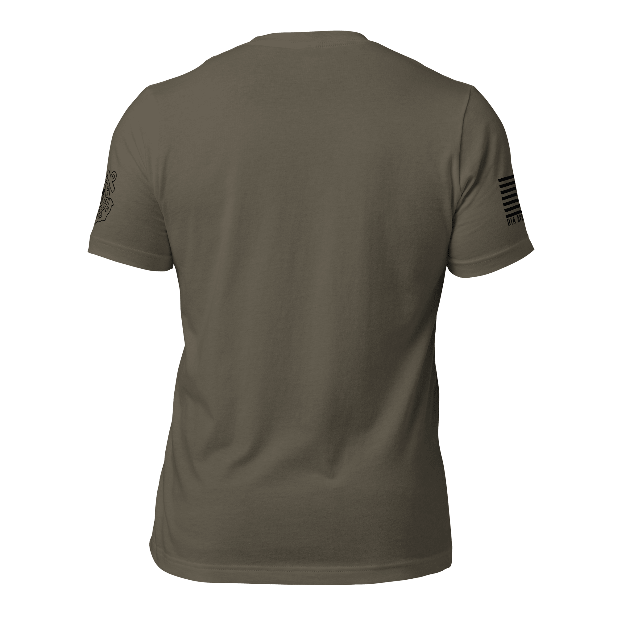 Army green t-shirt, rear view, featuring a black Coast Guard emblem, DIA logo, and black American flag.
