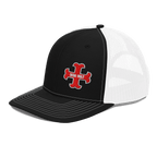 Black trucker hat from a three-quarter view with a red "DEUS VULT" cross logo and white mesh back.