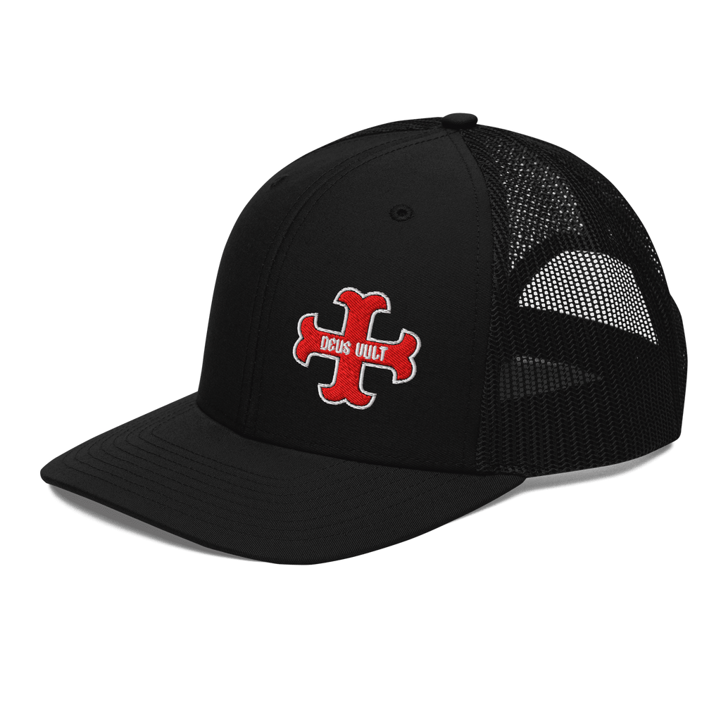 Black trucker hat left side angle with red "DEUS VULT" cross logo and black mesh back.