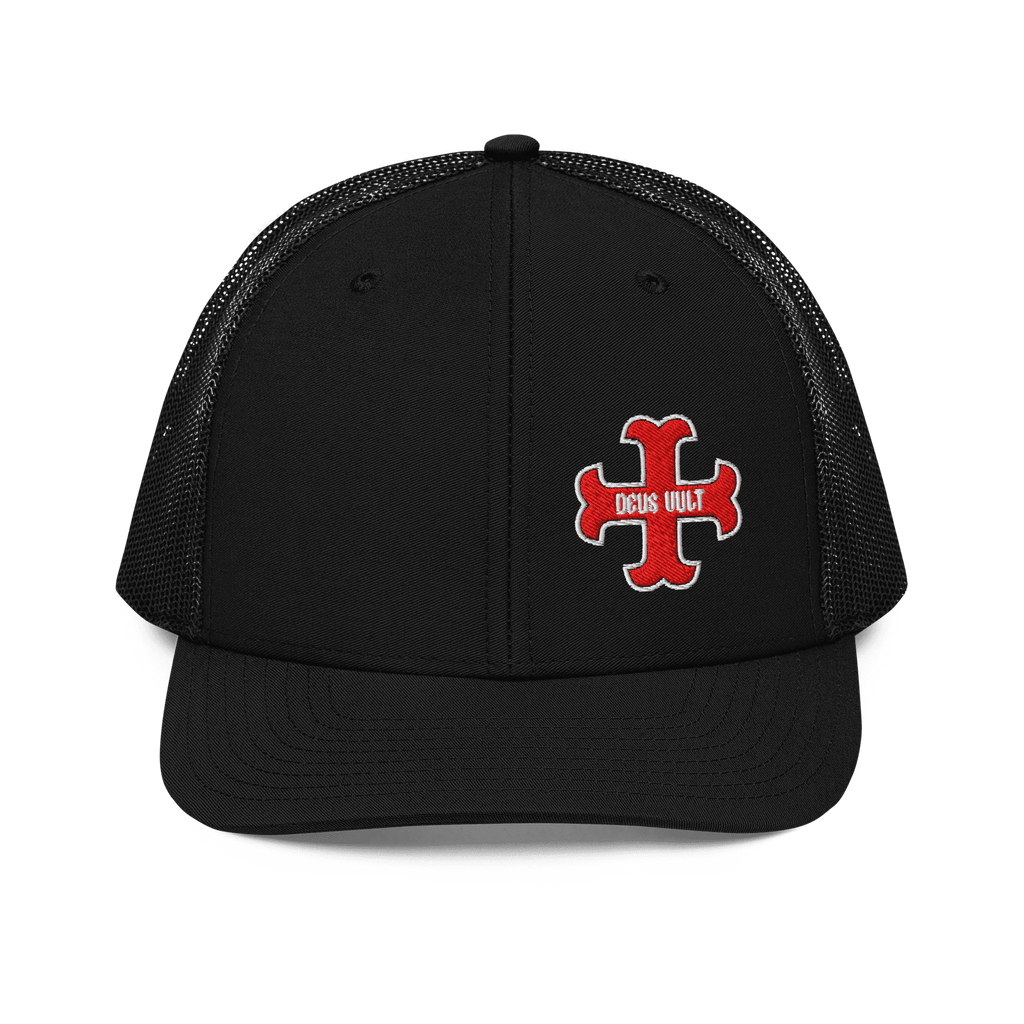 Black trucker hat front with red "DEUS VULT" cross logo and black mesh back.