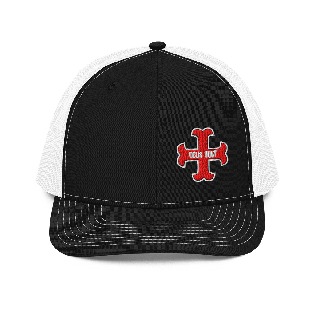 Black trucker hat front with red "DEUS VULT" cross logo and white mesh back.