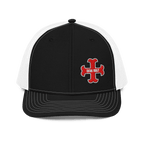 Black trucker hat front with red "DEUS VULT" cross logo and white mesh back.