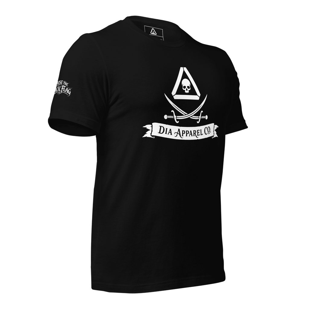 Left-angled view of a black t-shirt with a pirate DIA logo, "DIA APPAREL CO." banner, and a sleeve graphic.