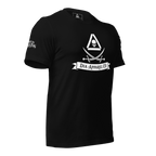 Left-angled view of a black t-shirt with a pirate DIA logo, "DIA APPAREL CO." banner, and a sleeve graphic.