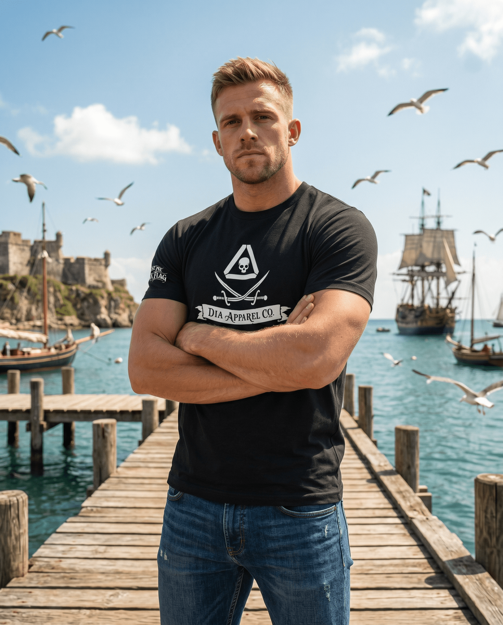 Man on a wooden pier near ships, wearing a black t-shirt with a pirate DIA logo and a "DIA APPAREL CO." banner.