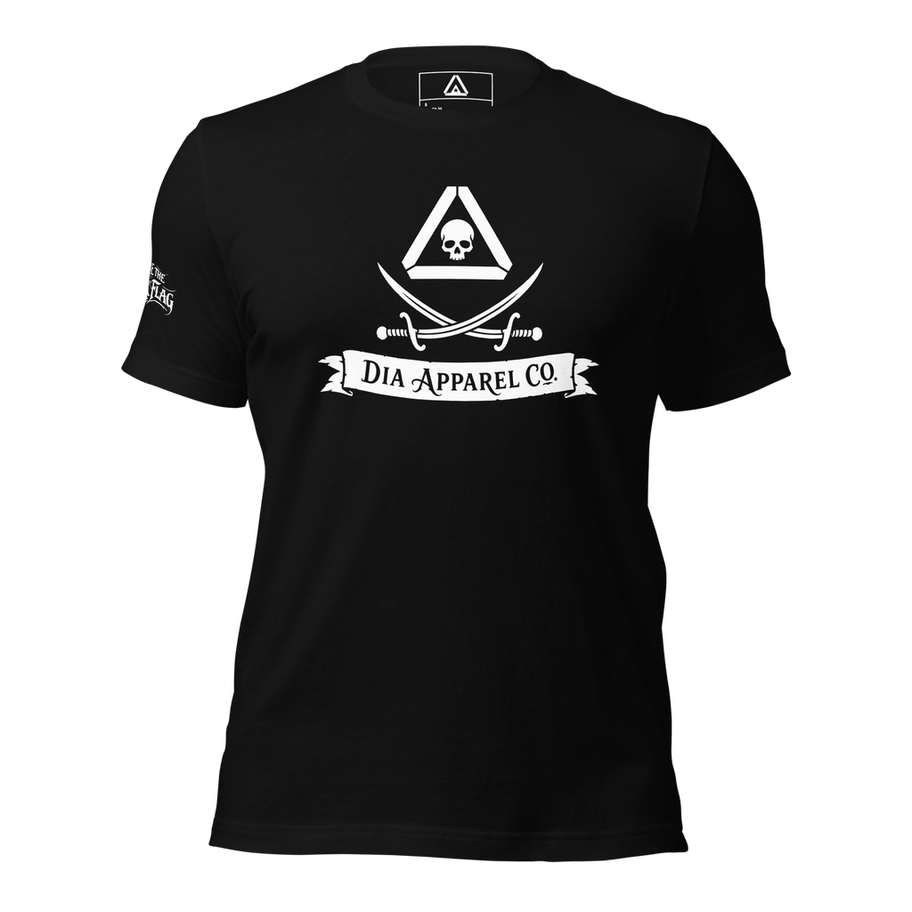 Front view of a black t-shirt featuring a pirate DIA logo and a banner with "DIA APPAREL CO." text.