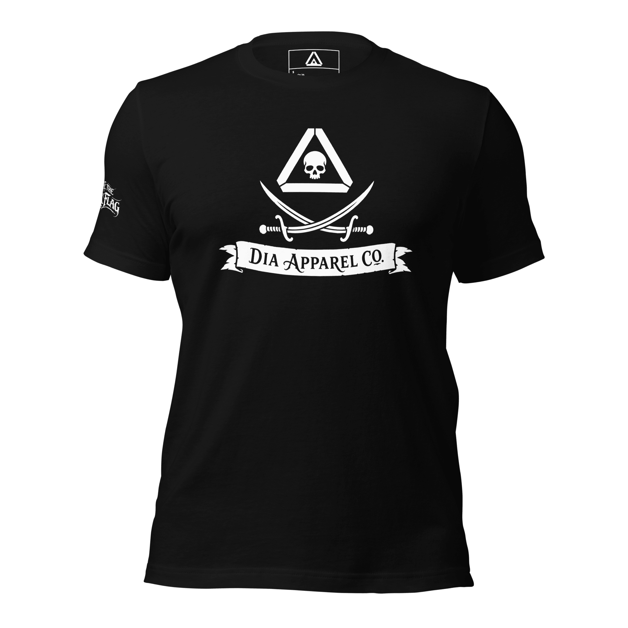 Front view of a black t-shirt featuring a pirate DIA logo and a banner with "DIA APPAREL CO." text.