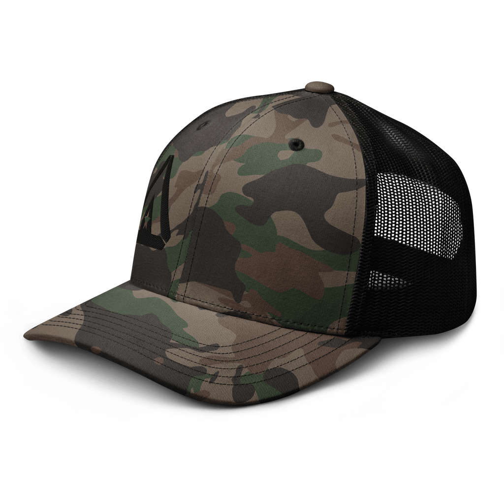 Camo trucker hat from a three-quarter view angled toward the left, featuring a black DIA logo and black mesh back panels.