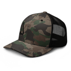 Camo trucker hat from a three-quarter view angled toward the left, featuring a black DIA logo and black mesh back panels.