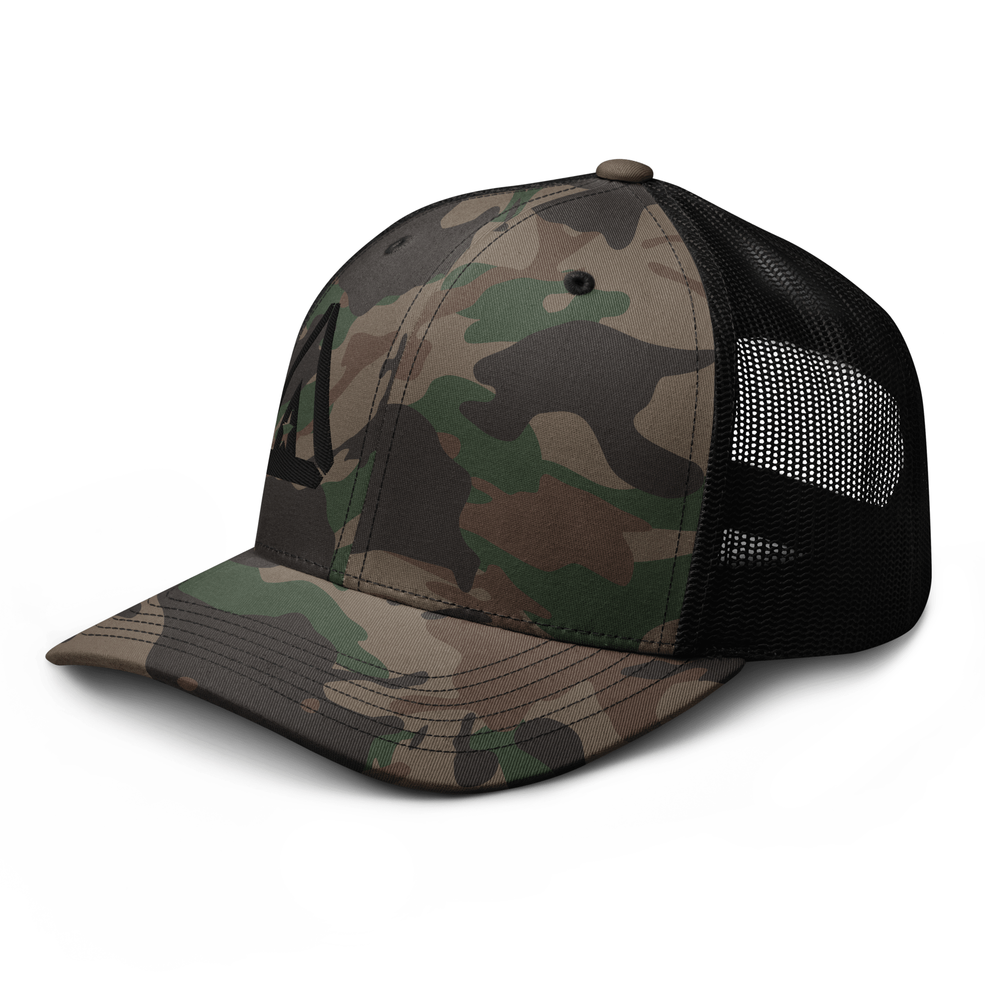 Camo trucker hat from a three-quarter view angled toward the left, featuring a black DIA logo and black mesh back panels.